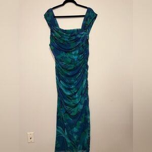 Chic off the shoulder Blue and Green Maxi Dress